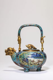 Chinese Bronze Cloisonne Landscape Pattern Handle Pot