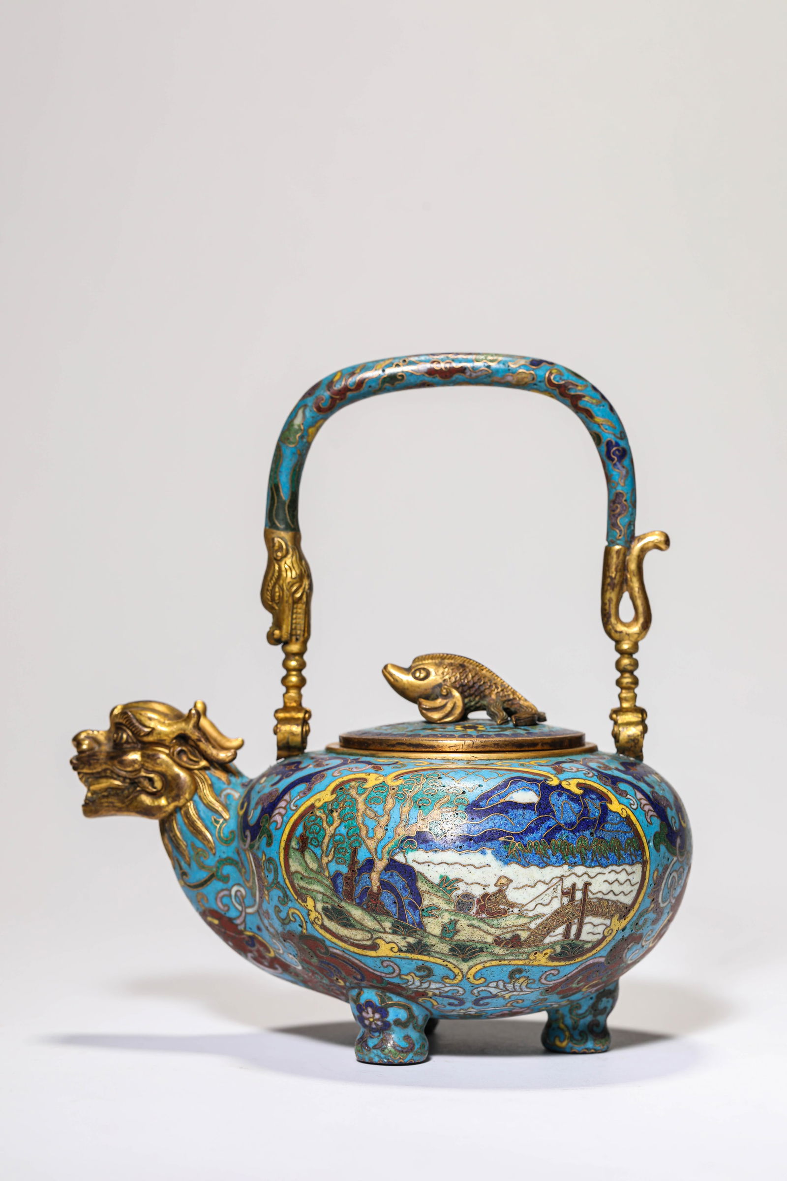 Chinese Bronze Cloisonne Landscape Pattern Handle Pot (1 of 8)