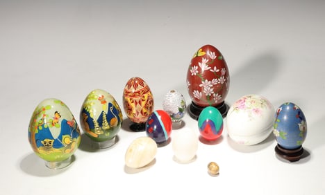 Collection Of 12 Hand Painted Tonala Mexican Egg, Marble Stone,Enmal Egg