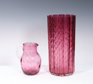 Pilgrim Cranberry Glass Optic Swirl Vase With Cranberry Pitcher