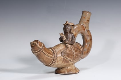 Moche Style Peru Pre-Columbia Stirrup Spout Vessel Signed Smiley