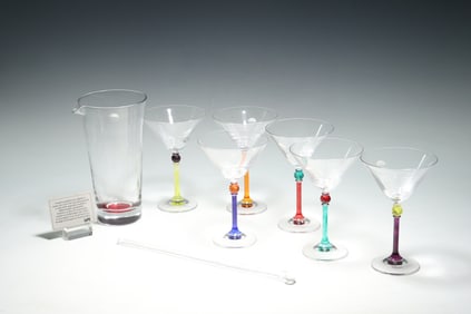 Ivat MCM Italian Art Colorful Martini Glasses Set 6 With Pitcher, Stirrer