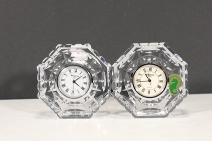 Two Waterford Crystal Octagonal Small Desk Clock Silver Face