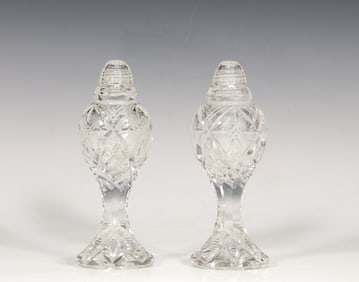 Pair Of Bohemian Czech Cut Glass Pedestal Salt & Pepper Shakers
