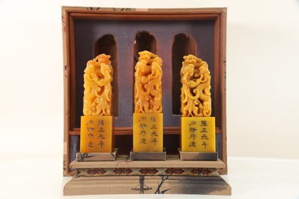 Group of Three Shoushan Tianhuang Carved Dragon Stone Seal