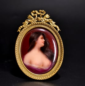 Miniature Woman Portrait Porcelain Plaque In Bronze Frame