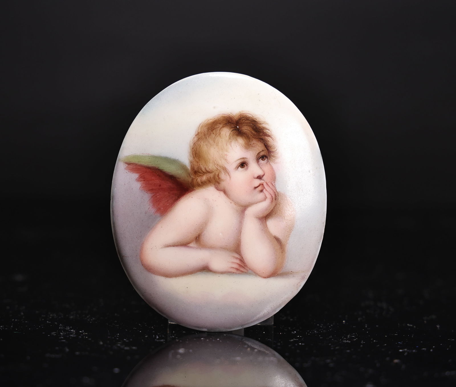 Vintage Cherub Painted Porcelain Plaque Miniature (1 of 5)