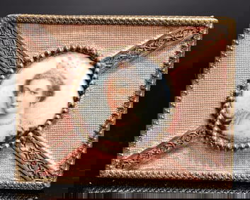 Victorian Lady Portrait Miniature Painted Fabric Frame