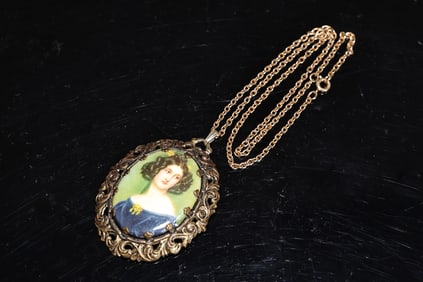 West German Limoge Portrait Cameo Necklace