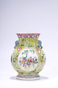 Famille Rose Yellow Base Character Pattern Porcelain Vase