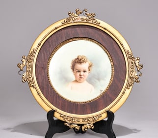 Vintage Baby Portrait Painted Round Frame