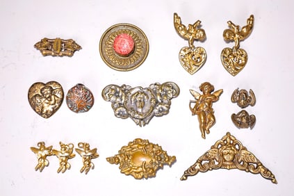 Group Of Brass Angels Victorian Belt Buckles, Earring, Brooch
