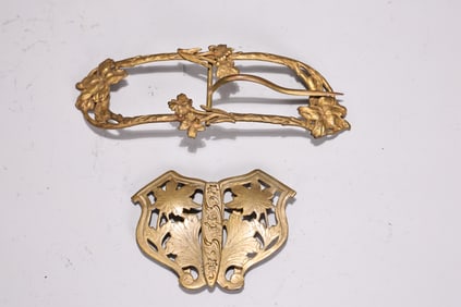 Two Of Art Nouveau Floral Bronze Gilt Belt Buckles