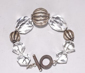 Large Sterling Silver Bead And Clear Beaded Bracelet