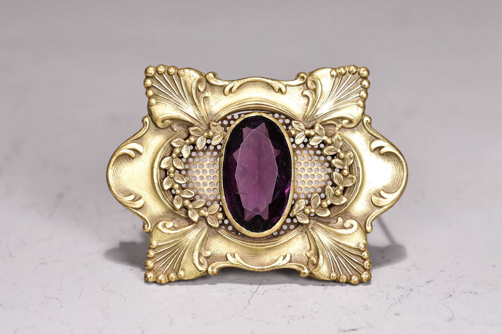 Art Nouveau Ornate Brass Purple Rhinestones Brooch (1 of 7)