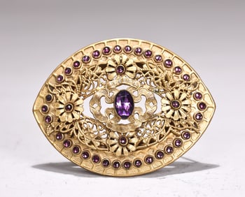 Gorgeous Gold Tone Brass Purple Rhinestones Filigree Brooch