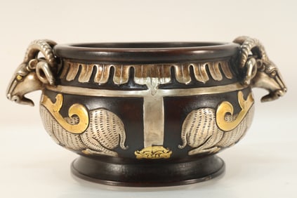 Bronze Inlaid Silver Carved Ram Pattern Double Ram Ears Incense Burner