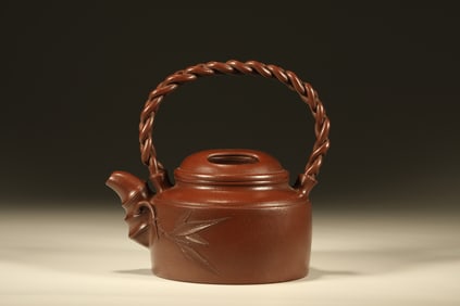 Purple Clay Carved Bamboo Pattern Handle Pot,Zhu Kexin Mark