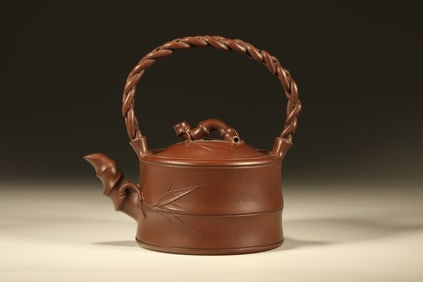 Purple Clay Carved Bamboo Pattern Handle Pot,Zhou Guizhen Mark
