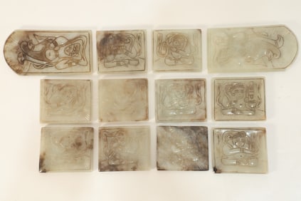 Group of Twelve Jade Carved Character Pattern Belt Hook