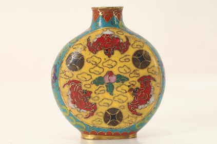 Bronze Cloisonne Carved Bat and Peach Pattern Snuff Bottle