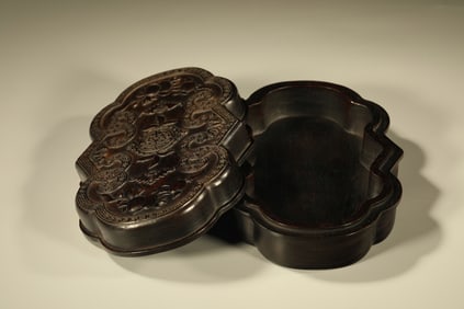 Red Sandalwood Carved Bat and Peach Pattern Lid Box