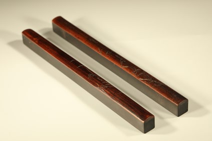 Pair of Red Sandalwood Carved Bamboo and Bird Pattern Paper Weight