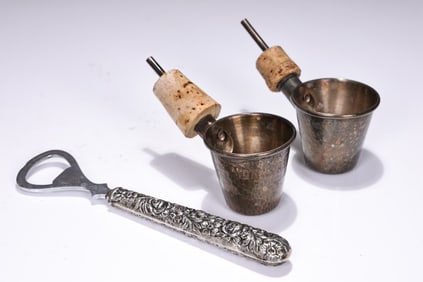 Pair Of Vintage Sterling Silver Dispense Of Liquor And Ornate Silver Opener