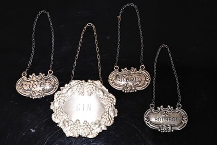 Four Of Vintage Sterling Silver Liquor Decanter Label Chains