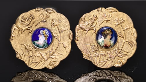 Pair Of Rare French Enamel Painted Signed Bronze Miniature