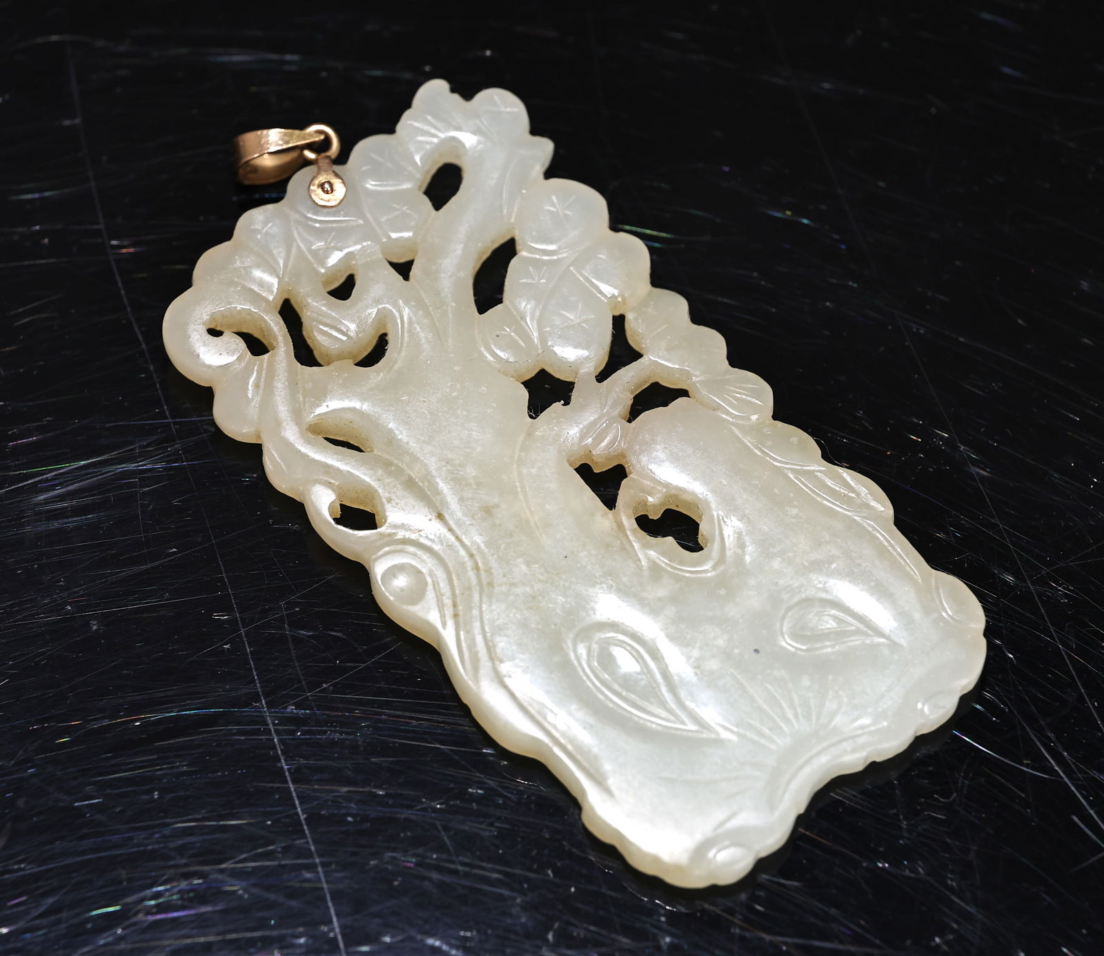 Chinese Rectangle Carved Jade Pendant 14K Gold Clasp (1 of 7)