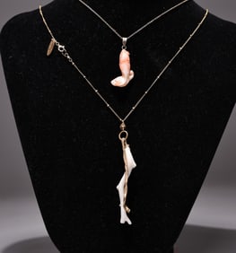 Two Of Natural Angel Skin Coral Pendant Necklaces