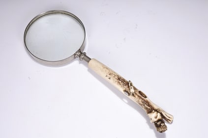 Japanese Carved Monkey with Rabbit Deer Antlers Holder Magnifying Glass, Artist Signed