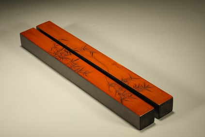 Pair of Red Sandalwood Carved Bamboo Pattern Paper Weight