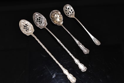 Four Of Lovely Sterling Silver Ornate Olive Spoons