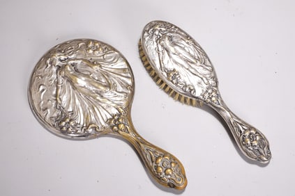 Set Of Art Nouveau Silverplate Hair Brush And Mirror
