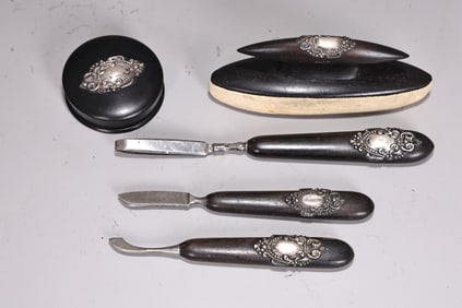 Victorian Ebony Wood And Sterling 5 Pieces Vanity Set