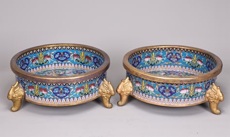 Pair Of Large Chinese Cloisonne Dragon Pattern Bowls