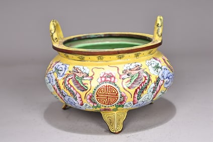 Chinese Dragon Enamel Tripod Incense Burner