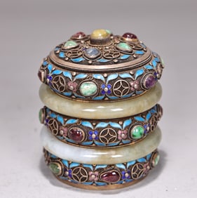 Chinese Silver Enameled with Multi Gem Stone & Jadeite Bangle Inlaid Tea Pot