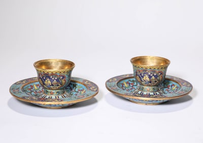 Pair of Chinese Bronze Cloisonne Cup with Plate