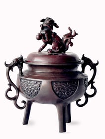 Japanese Bronze Koro Incense Burner With Foo Dogs