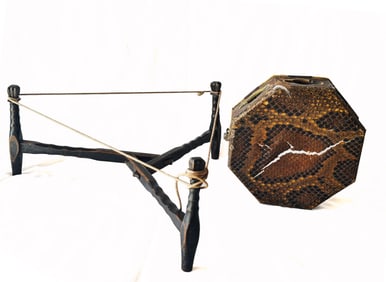 Early Chinese Handmade Drum Travel Stand With Octagonal Snake Skin Tambourine