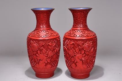 Pair of Bronze Base Flower Carved Red Lacquerware Vase