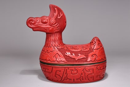 Chinese Bronze Base Red Lacquerware Dragon Shape Lid Box