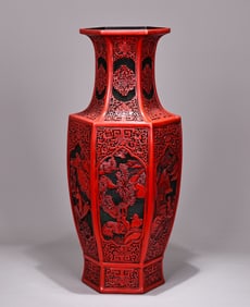 Large Chinese Wood Base Carved Character with Landscape Red Lacquerware Vase