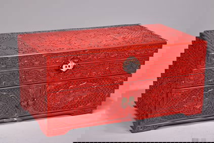 Large Chinese Flower with Phoenix Pattern Red Lacquerware Jewelry Box
