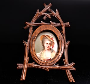 Victorian Lady Portrait Painted Miniature Wood Frame