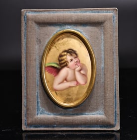 Cherub Angel Painted Miniature Fabric Frame