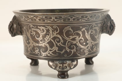 Bronze Inlaid Silver Carved Dragon Pattern Double Beast Ears Incense Burner